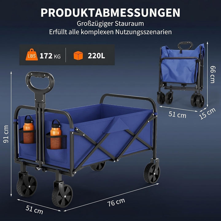 Faltbarer Bollerwagen, 220L 172kg Traglast, 360° Geländeräder, Bremse, Stahlrahmen, 600D Oxford PVC,