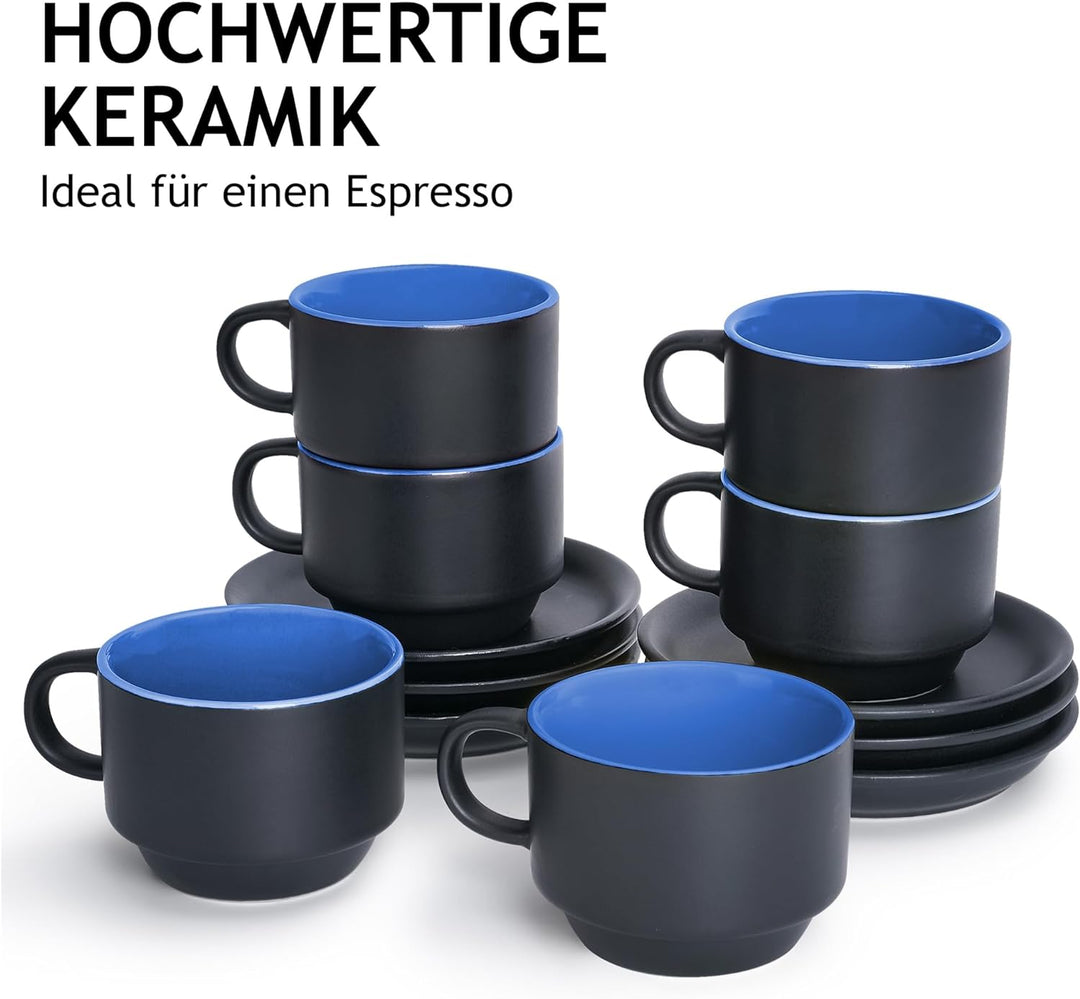 MIAMIO - 6 x 75 ml Espressotassen Set/Espresso Tassen Set mit Untertasse & Ständer - Kaffeetassen Se