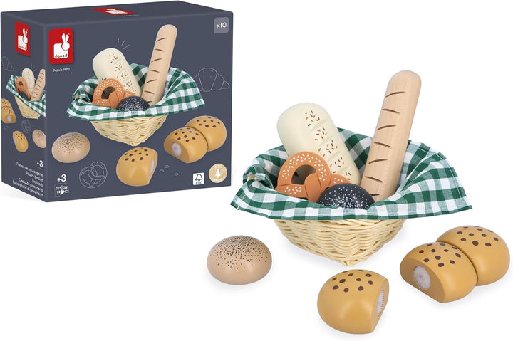 Janod - Holz Bäckereikorb - Viennoiseries Korb - 6 Realistische Dinette Zubehör - Ideale Ergänzung z