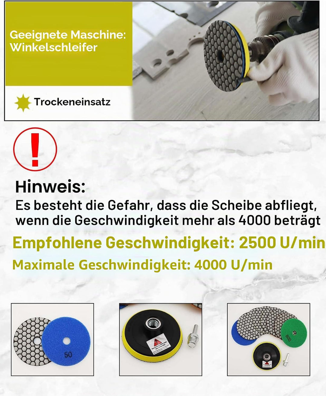 Trocken Diamant Polierpad 100mm 8 Stücke Körnung 50 Polierscheiben für Granit Marmor Kunststein Quar