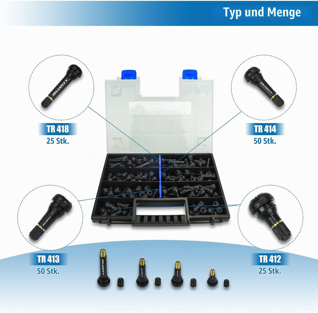 150x Haskyy Auto-Gummi-EPDM-Reifen-Ventile-Set-Satz 25x TR412 + 50x TR413 + 50x TR414 + 25x TR418 I