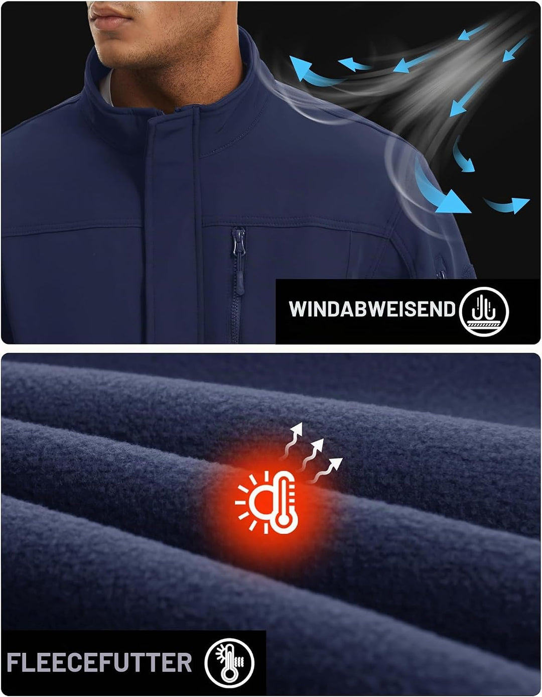 TACVASEN Herren Softshell Jacke Winddichte Warme Fleece Outdoorjacke Übergangsjacke mit Reissverschl