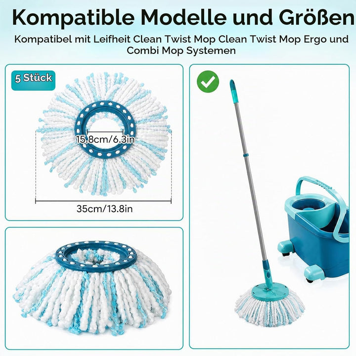 5 Stück Mikrofaser Wischmop Ersatzbezug geeignet für Leifheit Clean Twist Disc Mop Micro Set/Clean T