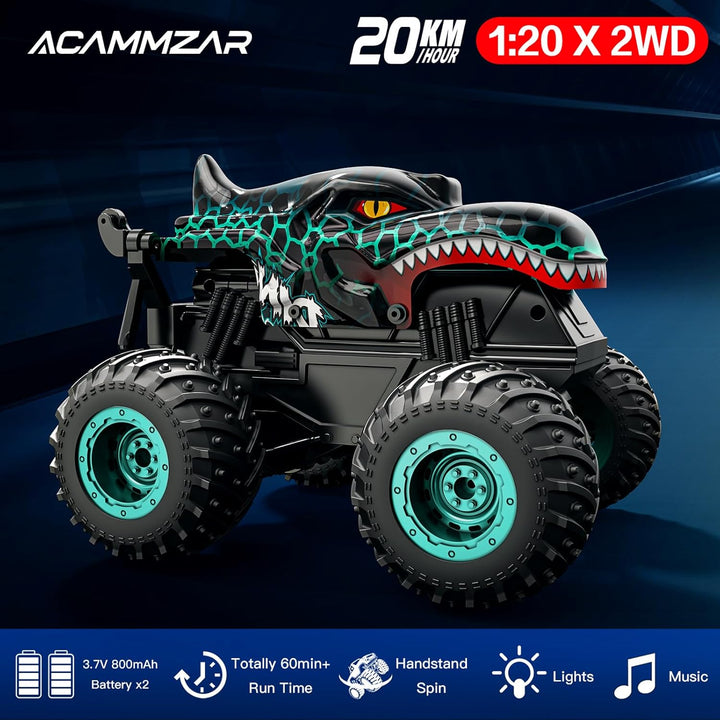 ACAMMZAR Ferngesteuertes Auto Dinosaurier, 2.4GHz 20+km/h Ferngesteuertes RC Monster Truck mit 2 Akk