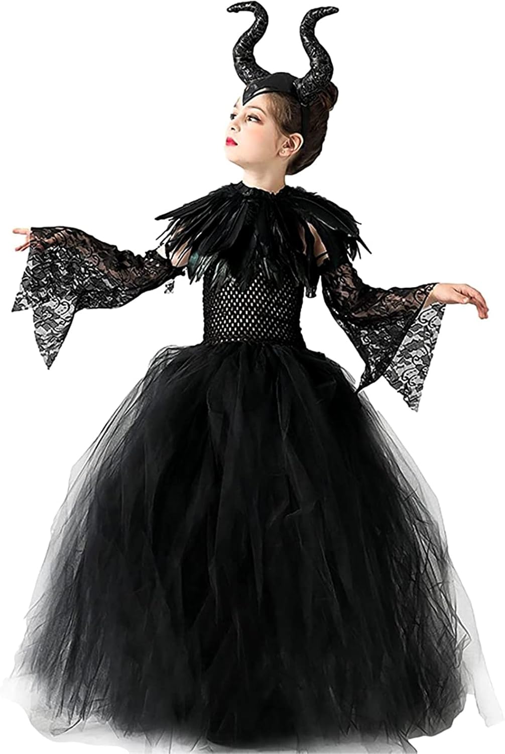 AMOBON Maleficent Kostüm Set für Kinder, Mädchen Böse Königin Kleid mit Hörner Kopfschmuck und Schwa