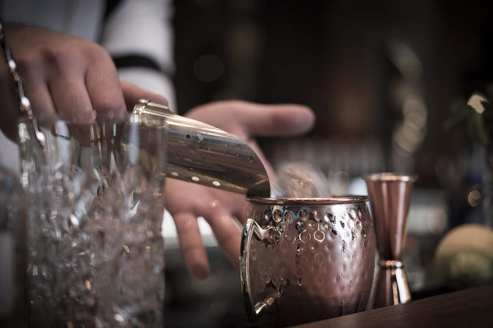 Buddy´s Bar - Moscow Mule Komplett Set, 2 x 500 ml Cocktail-Becher, 27 cm Barlöffel, 5cl Barmass &amp; S