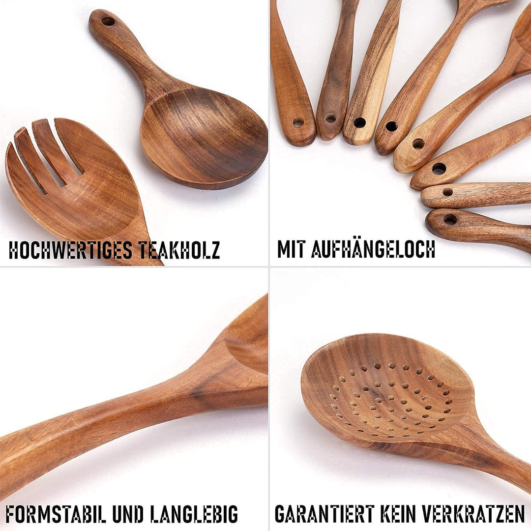 JUJOYBD Küchenutensilien Set Holz 8-tlg - Kochutensilien Set Küchenhelfer aus 100% Teak - Antihaftes