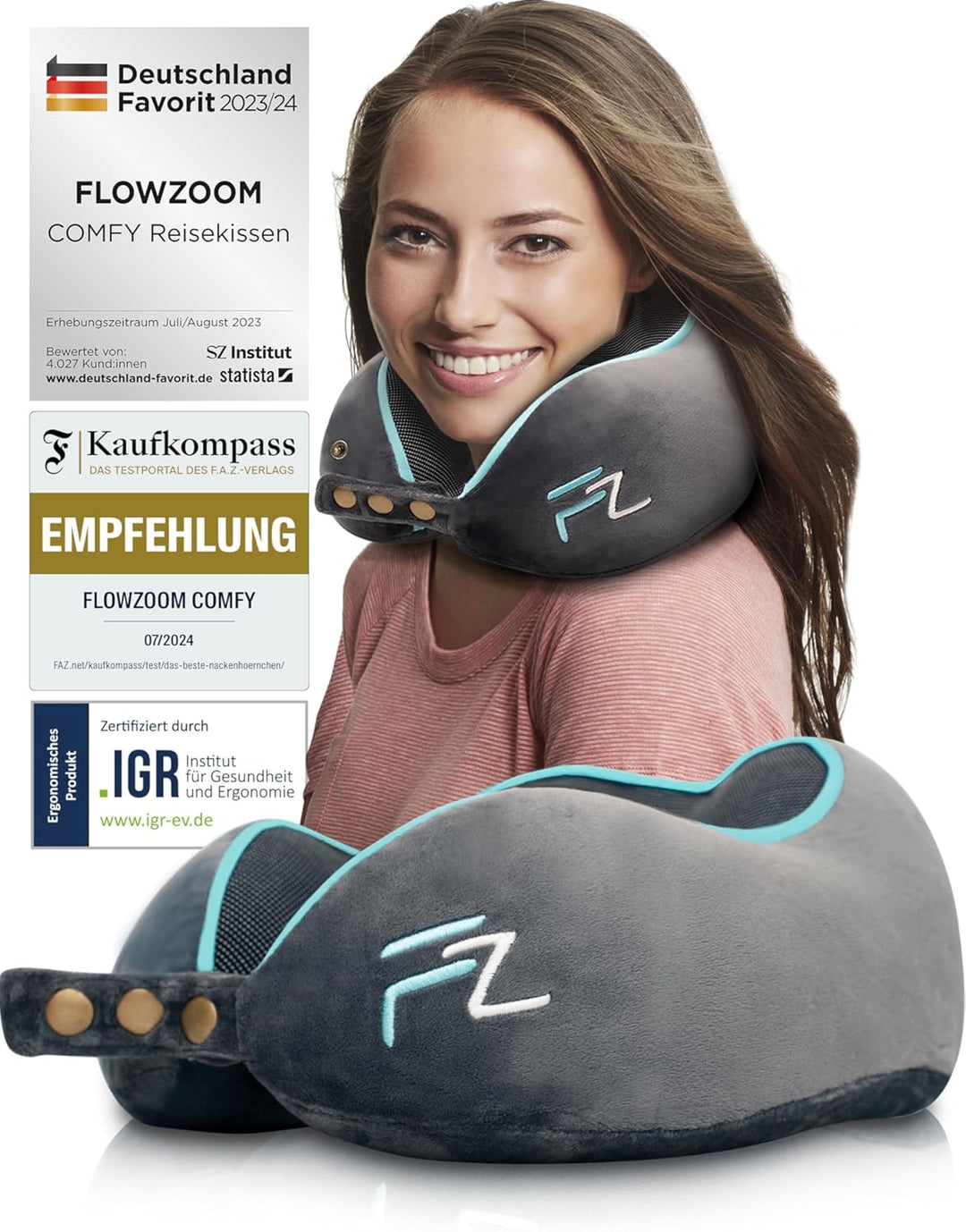 FLOWZOOM® Comfy Nackenhörnchen Nackenkissen Flugzeug & Auto Reise-Kissen aus Memory-Foam mit schmale