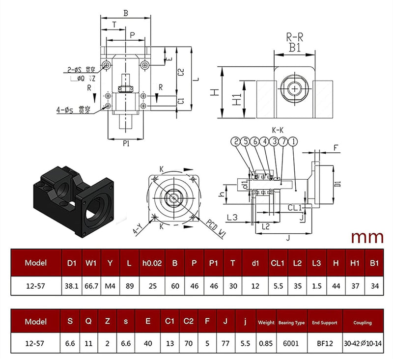 GooEquip SFU1605 Kugelumlaufspindel 300mm mit Halterung für Nema 23 Schrittmotor, BK12 / BF12 Unters