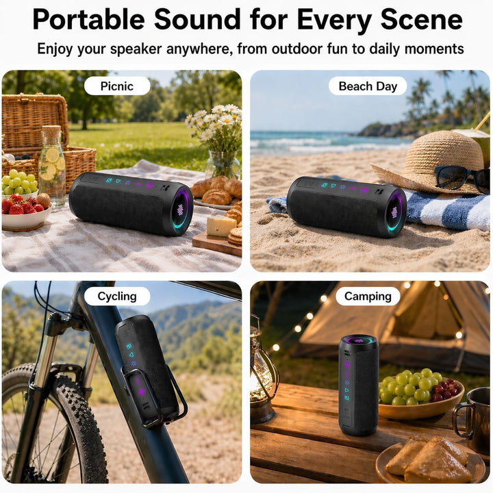 TIMU Bluetooth Lautsprecher mit Licht, Bluetooth 5.4 Musikbox, 25W Dual Lautsprecher, Dualen Bass-Tr