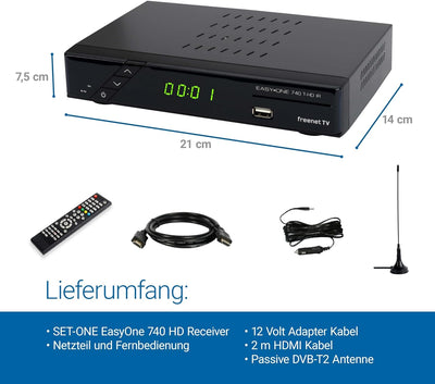 Set-ONE EasyOne 740 HD DVB-T2 Receiver, Freenet TV, Full-HD, HDMI, LAN, Mediaplayer, USB 2.0, 12V Ca