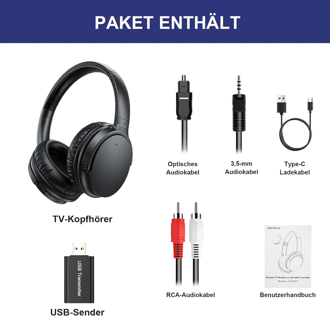 Kabellose TV-Kopfhörer für Senioren, AptX Low Latency, Ein-Knopf-Design Over-Ear TV Headset mit USB-
