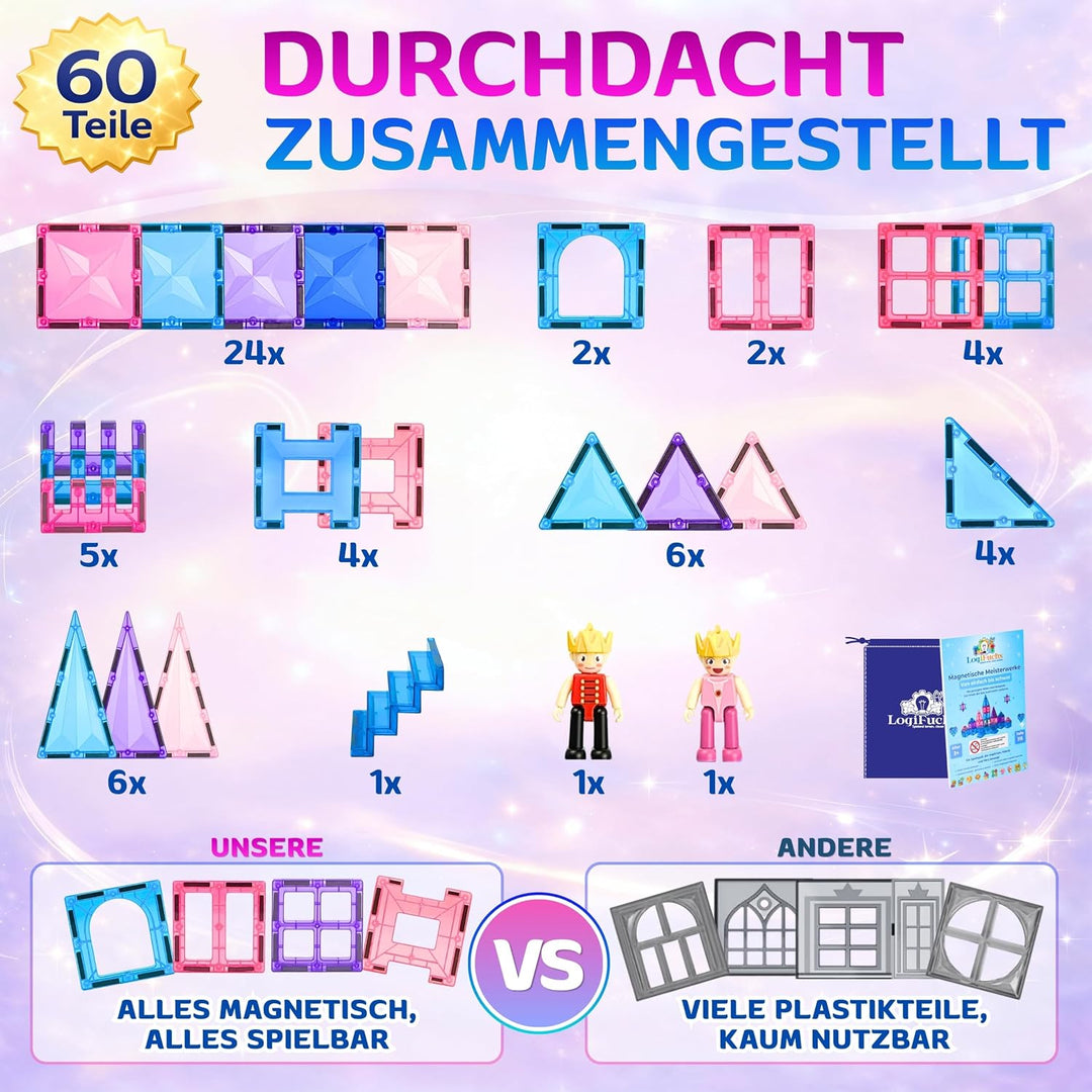 Magnetische Bausteine 60 Teile, Magnetsteine und Magnetspielzeug, Montessori Sensorik Spielzeug ab 3