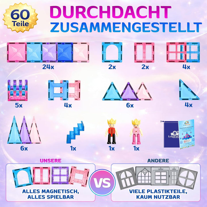 Magnetische Bausteine 60 Teile, Magnetsteine und Magnetspielzeug, Montessori Sensorik Spielzeug ab 3