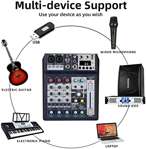 Depusheng DE8 Tragbare Mini-Mixer-Audio-DJ-Konsole mit Soundkarte, USB, 48-V-Phantomspeisung für PC-