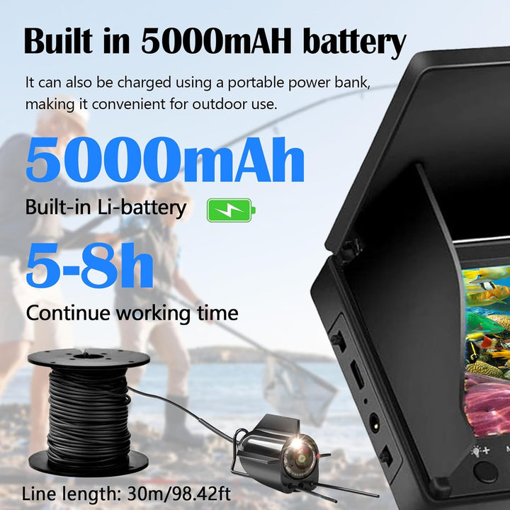 Fischfinder, Fish Finder Kamera IP65 Wasserdicht Unterwasser Kamera mit 5 Zoll IPS Display 8000mAh A
