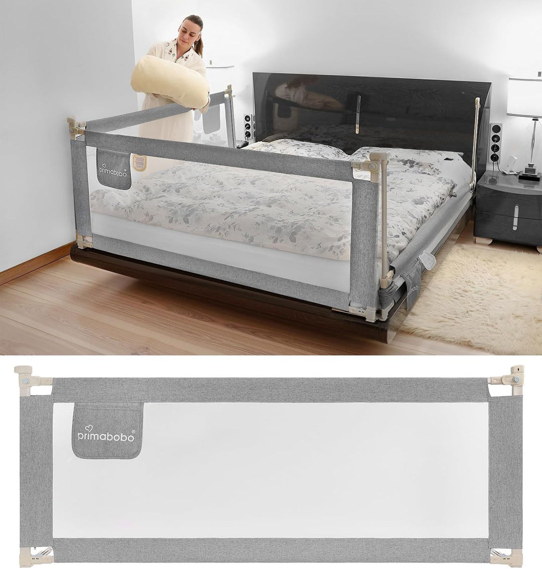 Primabobo Bettgitter Set 3 Stück Grau – 2X 200 cm + 1x 140 cm – Rausfallschutz Kinderbett, Sicheres