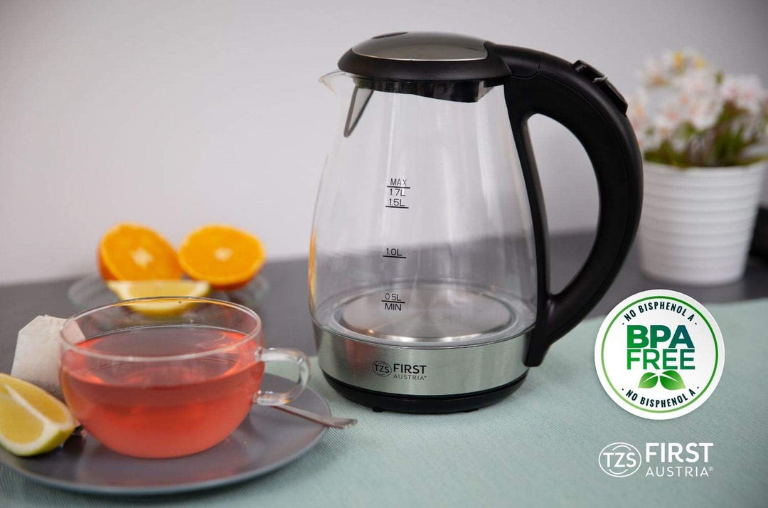 TZS First Austria Glas Wasserkocher 1,7 L, mit Kalkfilter, 2200 Watt, LED Innenbeleuchtung, kabellos