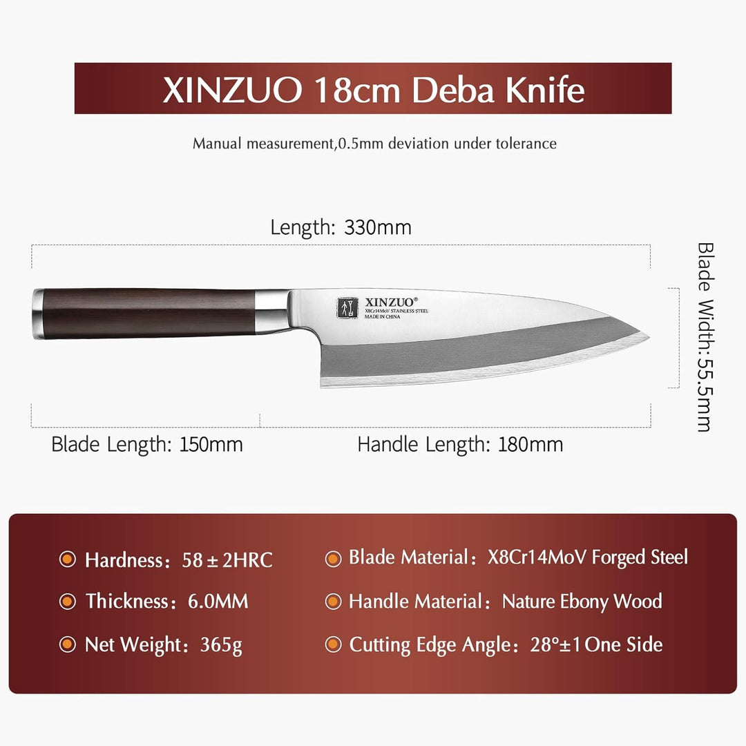 XINZUO 18cm Deba Messer, Edelstahl X8Cr14MoV Sashimi Sushi Messer Einzelfase Klinge- Kochmesser Prof