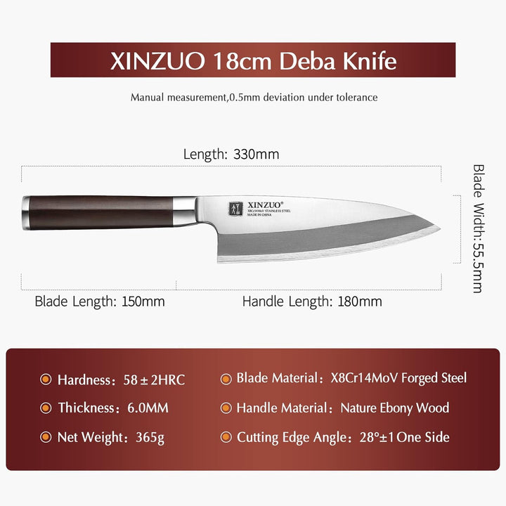 XINZUO 18cm Deba Messer, Edelstahl X8Cr14MoV Sashimi Sushi Messer Einzelfase Klinge- Kochmesser Prof