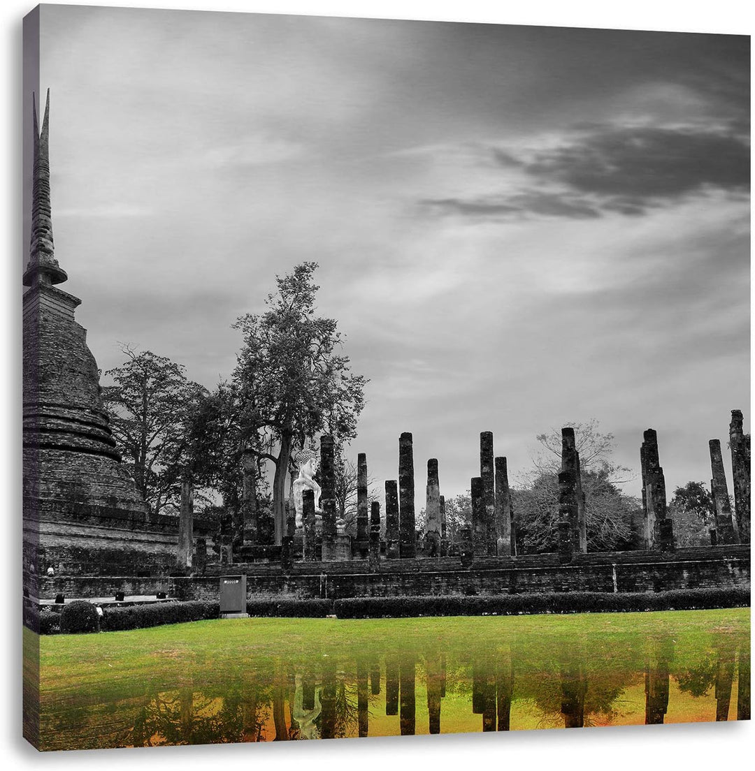 Pixxprint atemberaubender Buddha Tempel schwarz/weiss, Format: 70x70 auf Leinwand, 70x70