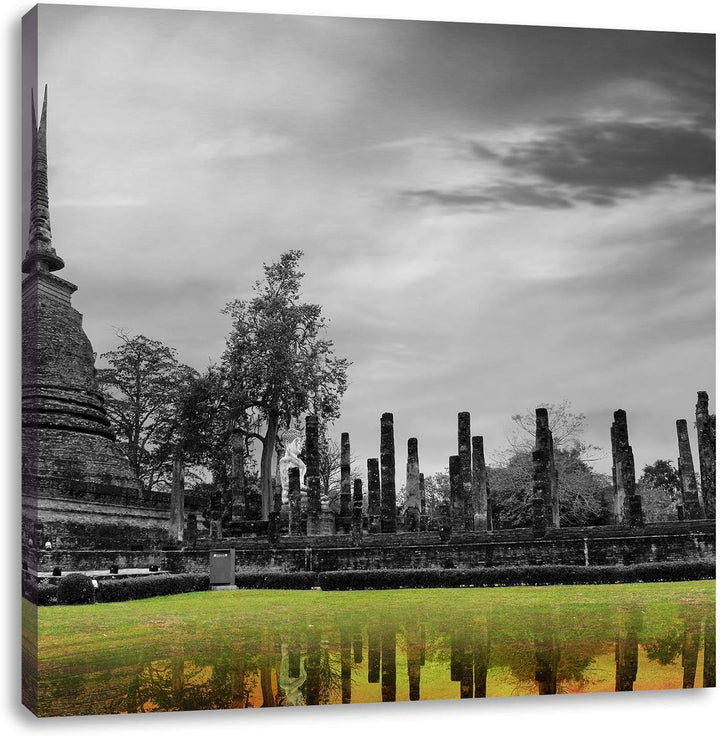 Pixxprint atemberaubender Buddha Tempel schwarz/weiss, Format: 70x70 auf Leinwand, 70x70