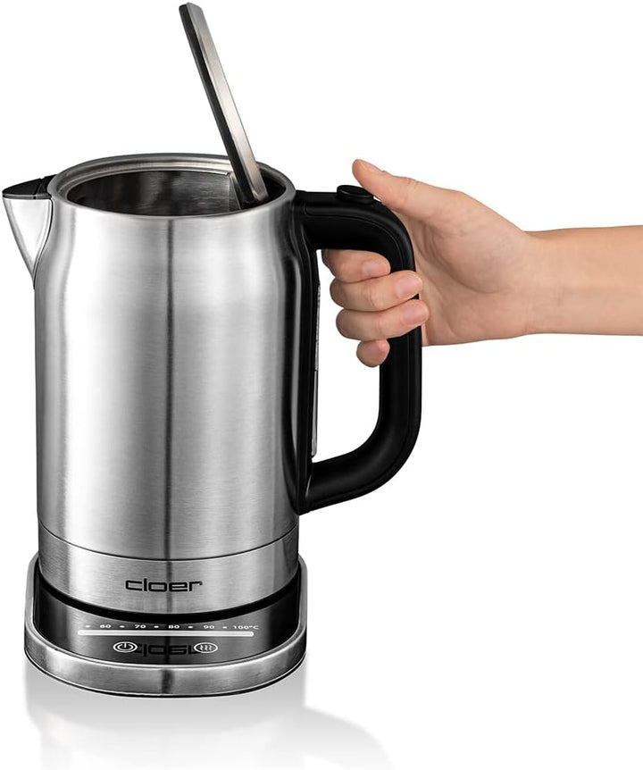 Cloer 4459 Touch-Wasserkocher, Basisstation mit Glasoberfläche-LED-Anzeige, 1,7 Liter, Edelstahl Tou