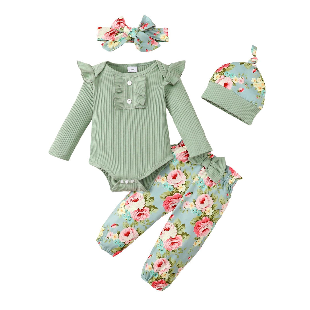 Neugeborenes Baby Mädchen Kleidung Kleinkind gerippt Ruffle lange Ärmel Strampler+ Floral Hosen+ Sti