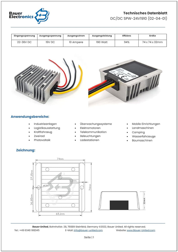 Bauer Electronics | DC DC 22V-36V zu 19V Spannungswandler 10A 190W | 24V 19V Converter Netzteil Adap