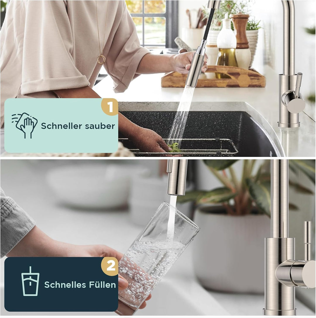 FORIOUS Wasserhahn Küche, Hoher Bogen Küchenarmatur mit Herausziehbarer Brause Ausziehbar Armatur, M