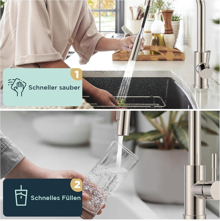 FORIOUS Wasserhahn Küche, Hoher Bogen Küchenarmatur mit Herausziehbarer Brause Ausziehbar Armatur, M