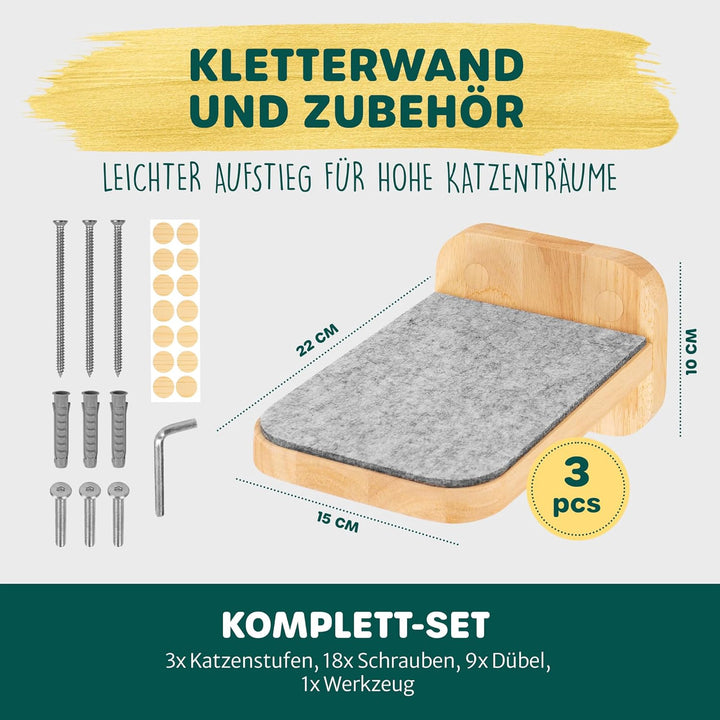 HAPPYPET Katzentreppen 3er-Set für Wandmontage - Nachhaltiges Hartholz, Designer Kletterwand Katzen,
