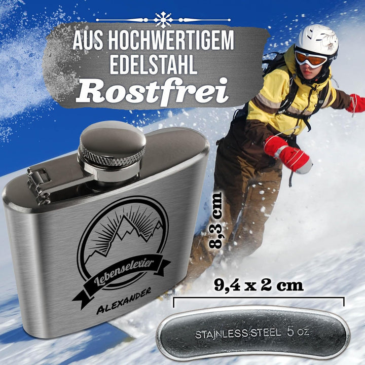 Flachmann mit Gravur aus Edelstahl selbst gestalten - Lebenselexier - mit Name gravieren - Geschenk