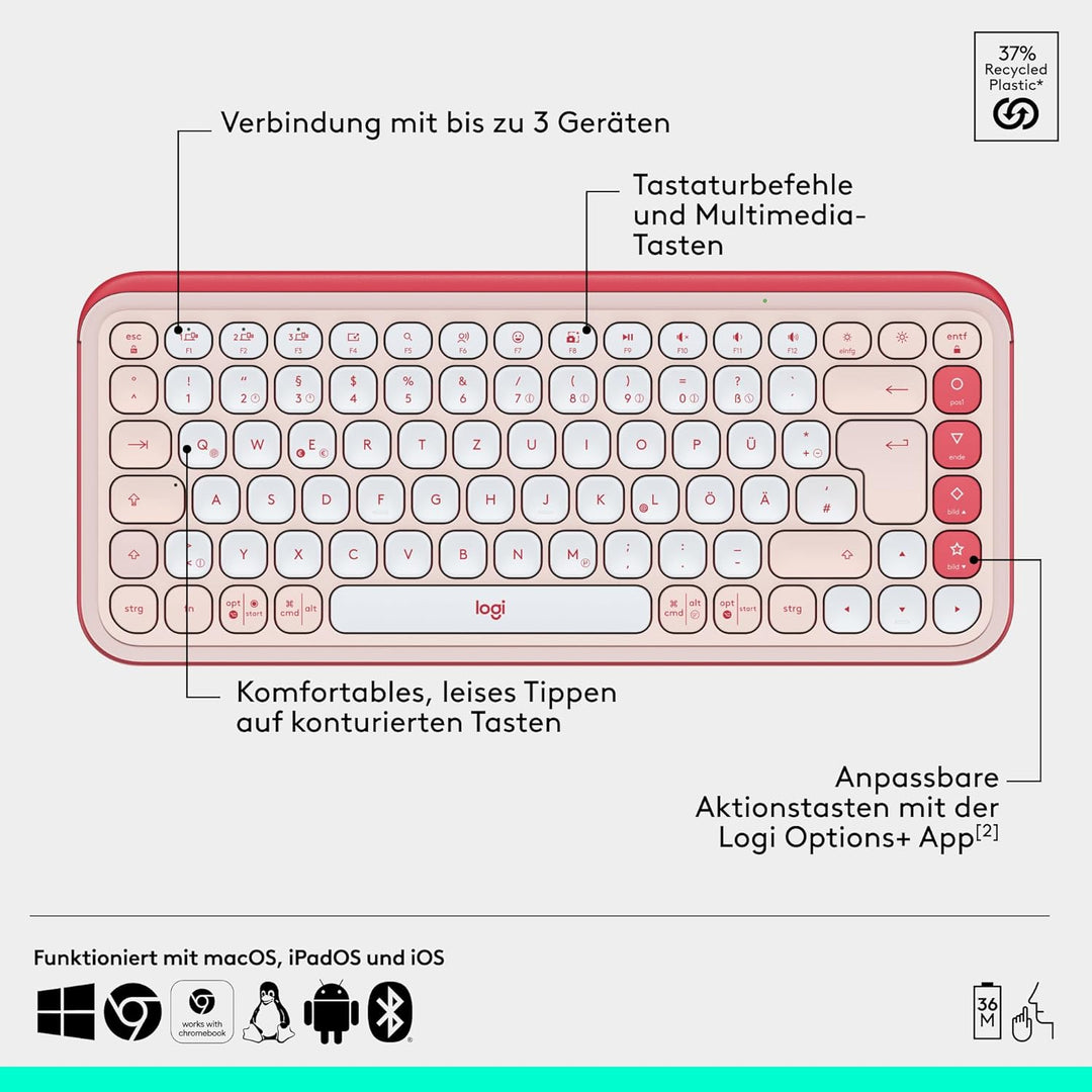Logitech POP ICON COMBO, Bluetooth-Tastatur-Maus-Set, komfortables Tippen, programmierbare Tasten, l