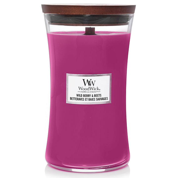 Grosse WoodWick Duftkerze im Sanduhrglas mit knisterndem Docht |Wild Berry & Beets | bis zu 130 Stun