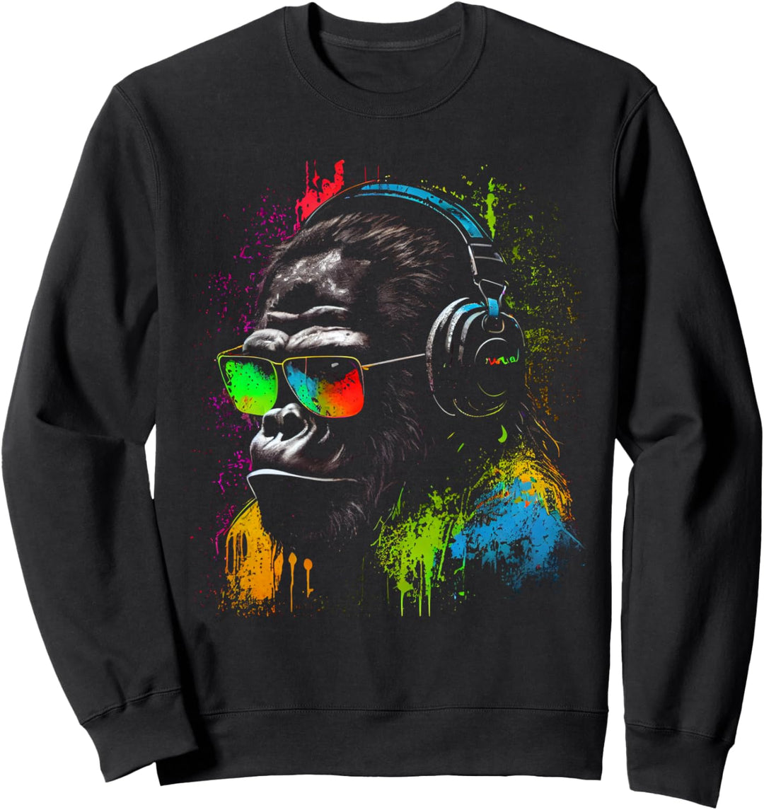 Monkey DJ mit Kopfhörer und Sonnenbrille Gorilla Musikfan Sweatshirt