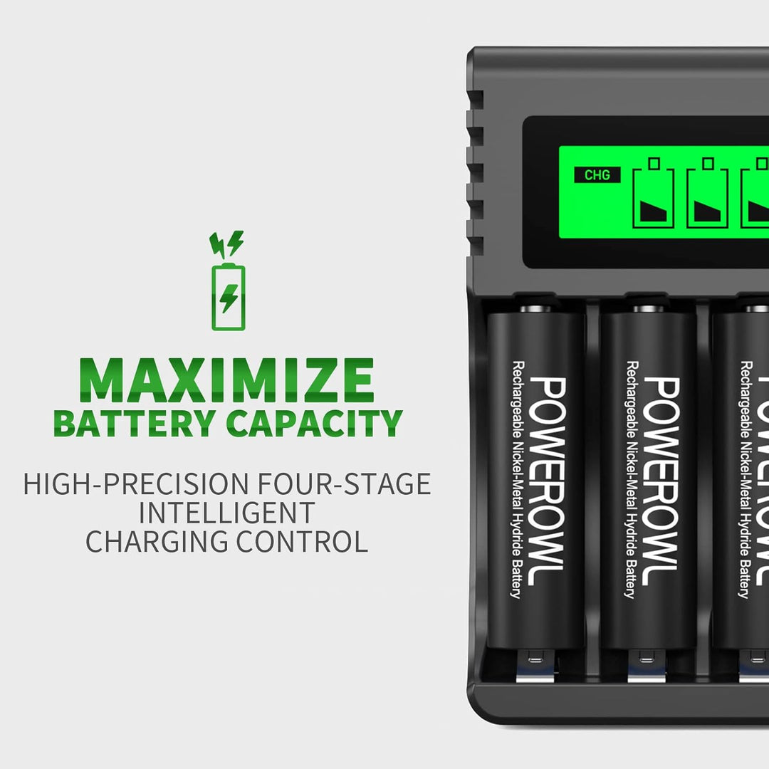 POWEROWL Akku Ladegerät mit 4 AA Akkus 2800mAh + 4 AAA Akkus 1000mAh - Akkuladegerät für NI-MH Wiede