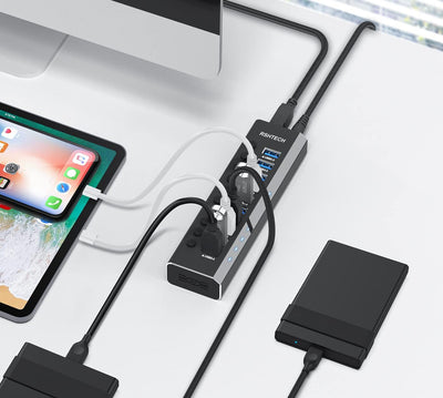 RSHTECH USB Hub Aktiv 3.0 mit 36W (12V / 3A) Netzteil, Aluminium 10 Ports Hub zum Laden und zur Date