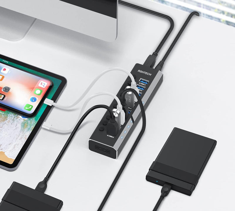 RSHTECH USB Hub Aktiv 3.0 mit 36W (12V / 3A) Netzteil, Aluminium 10 Ports Hub zum Laden und zur Date