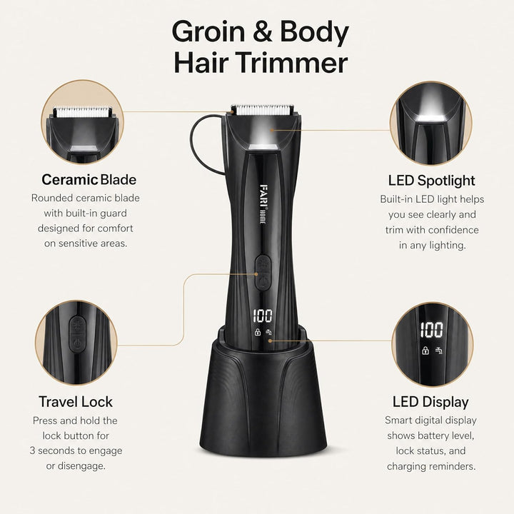 FARI Körper- & Barthaarschneider Herren, 8-in-1 Manscaping Elektrorasierer mit 360° drehbarem Spiege