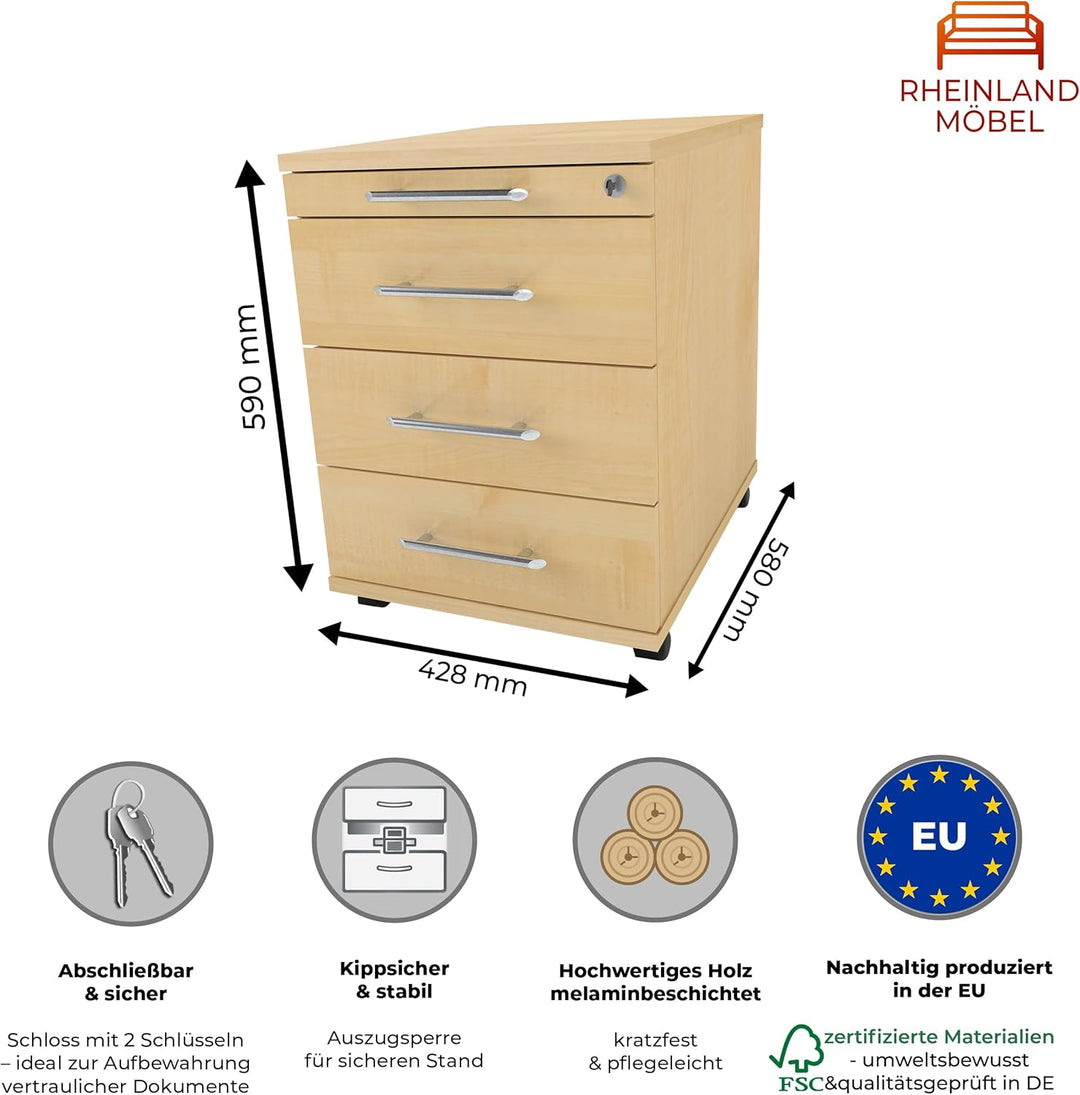 Rollcontainer CADI 43×58×59 cm – abschliessbarer Bürocontainer in Ahorn mit Orga- & 3 Universal-Schu