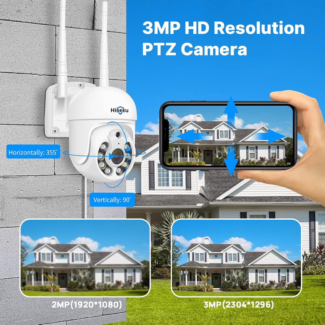 【5MP+PTZ】 Hiseeu Überwachungskamera Set Aussen WLAN mit 12''Monitor 10CH Wireless NVR,4 Pcs 5MP PTZ
