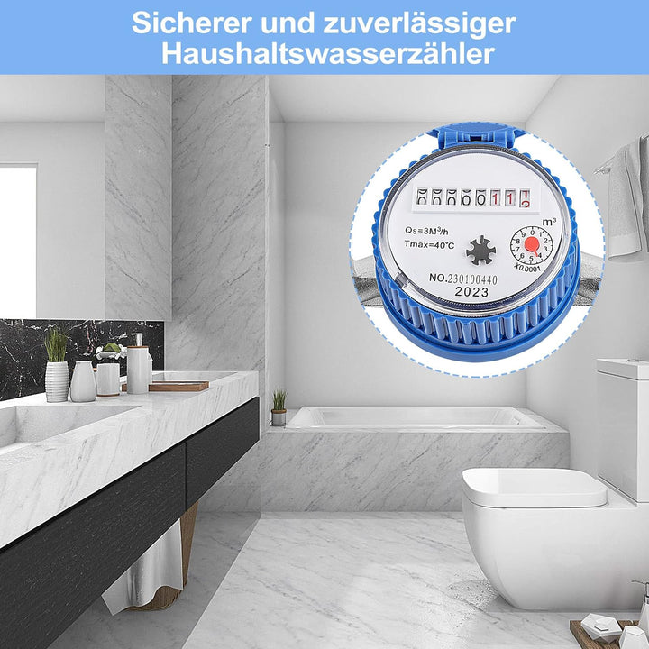 ColdShine Wasserzähler 1/2" Anschlussgewinde Einkanal-Trockenwasserzähler Wasseruhr Garten Kaltwasse