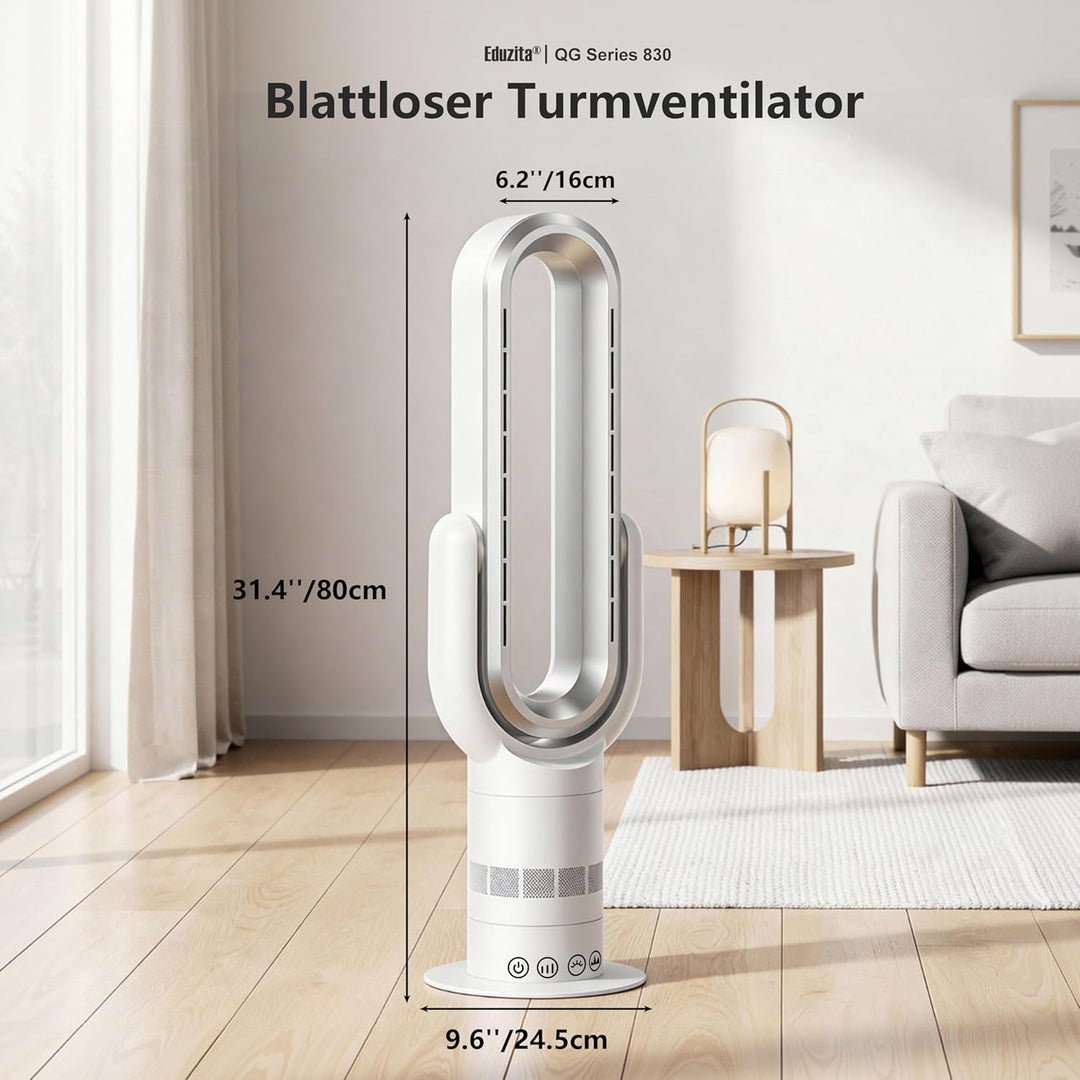 QG830 Bladeless Turmventilator, 2-in-1 Heizgerät & Kühlventilator, 10 Kühl- & 3 Heizstufen, Fernbedi