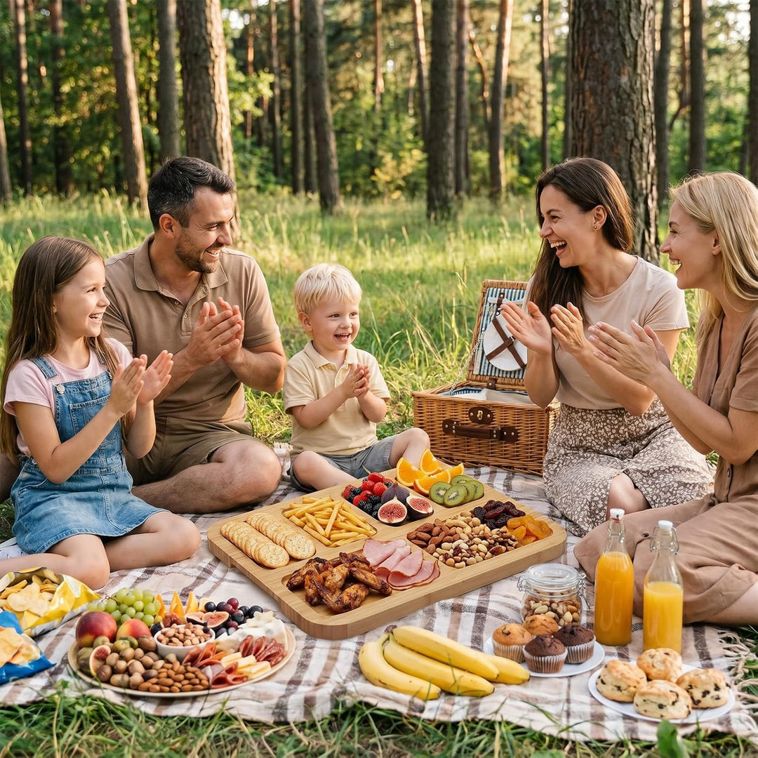 Charcuterie Brett mit klarem Deckelfür 2–4 Personen, Tragbares Bambus-Käsebrett mit 6 Fächern, Multi