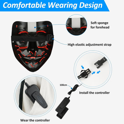OUILA LED Halloween Maske, 2 Pack Neon Leuchtmaske mit 3 Leuchtmodi für Herren, Damen, Cosplay, Hall