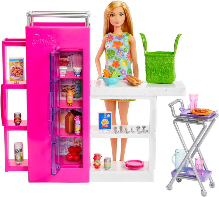 BARBIE Vorratskammer Spielset - Barbie Puppe mit über 25 Teilen und Küchenaccessoires - Perfekt für
