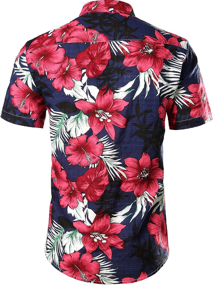 JOGAL Herren Casual Floral Blumenmuster Kurzarm Hawaiihemd Marine M, Marine M