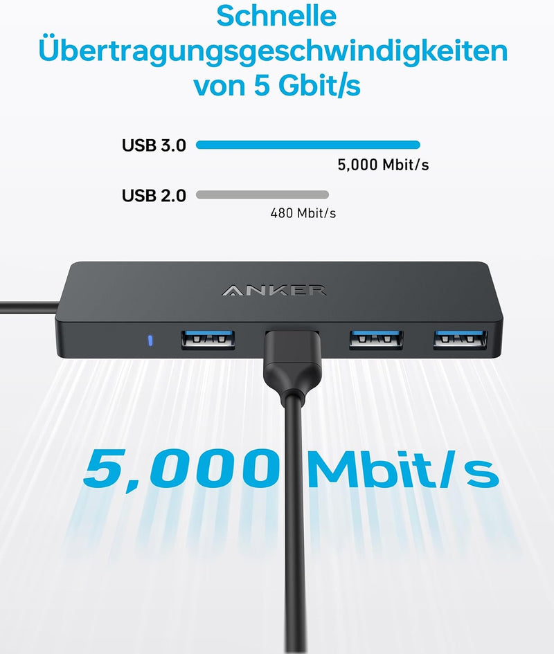 Anker USB-C Hub, 4 Port USB 3.0 Datenhub mit 5 Gbit/s Datenübertragung, 20cm Erweiterungskabel (ohne