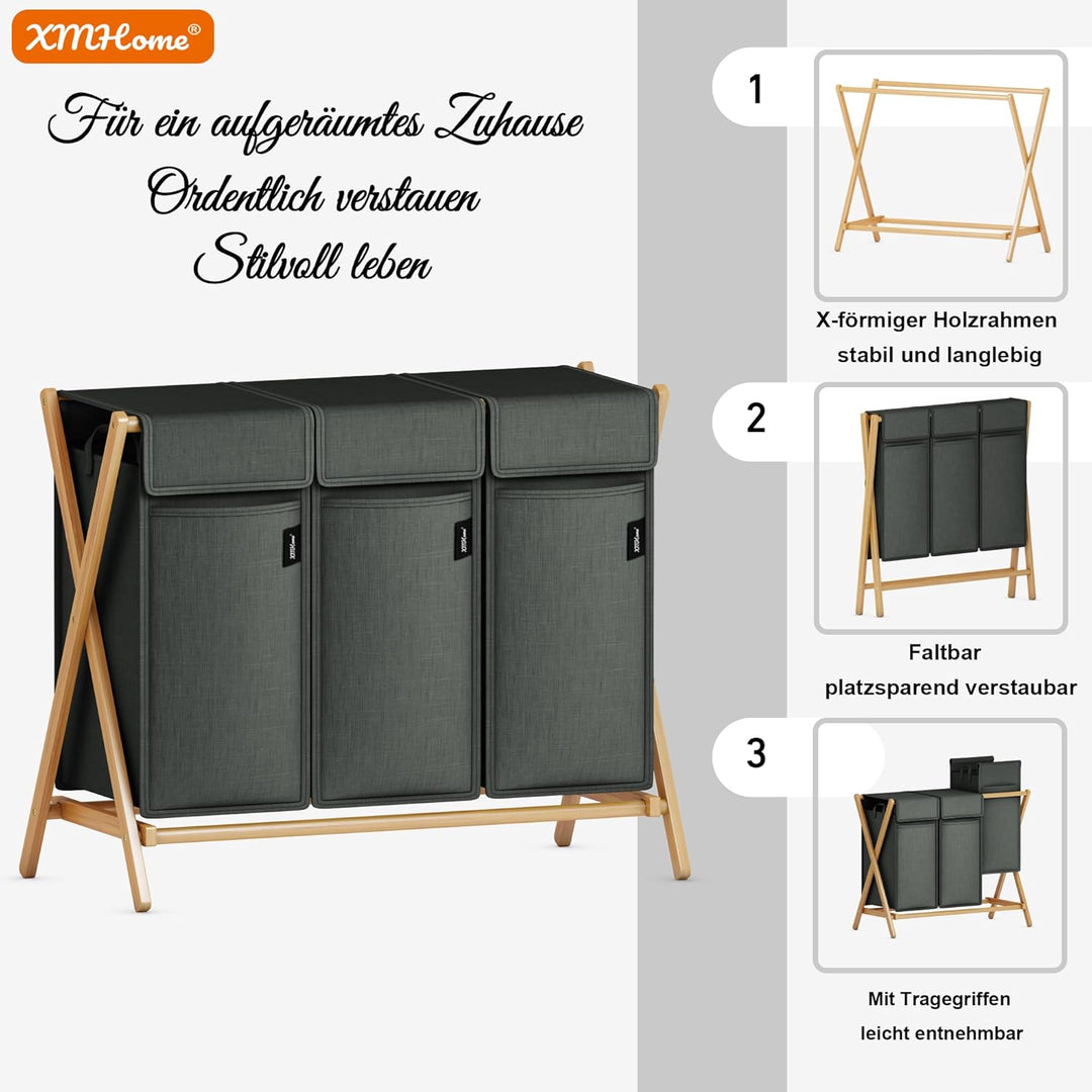 Faltbarer Wäschekorb 148L mit 3 Fächern,Bambus Wäschesammler,X-förmiges Wäsche Sortiersystem mit Dec